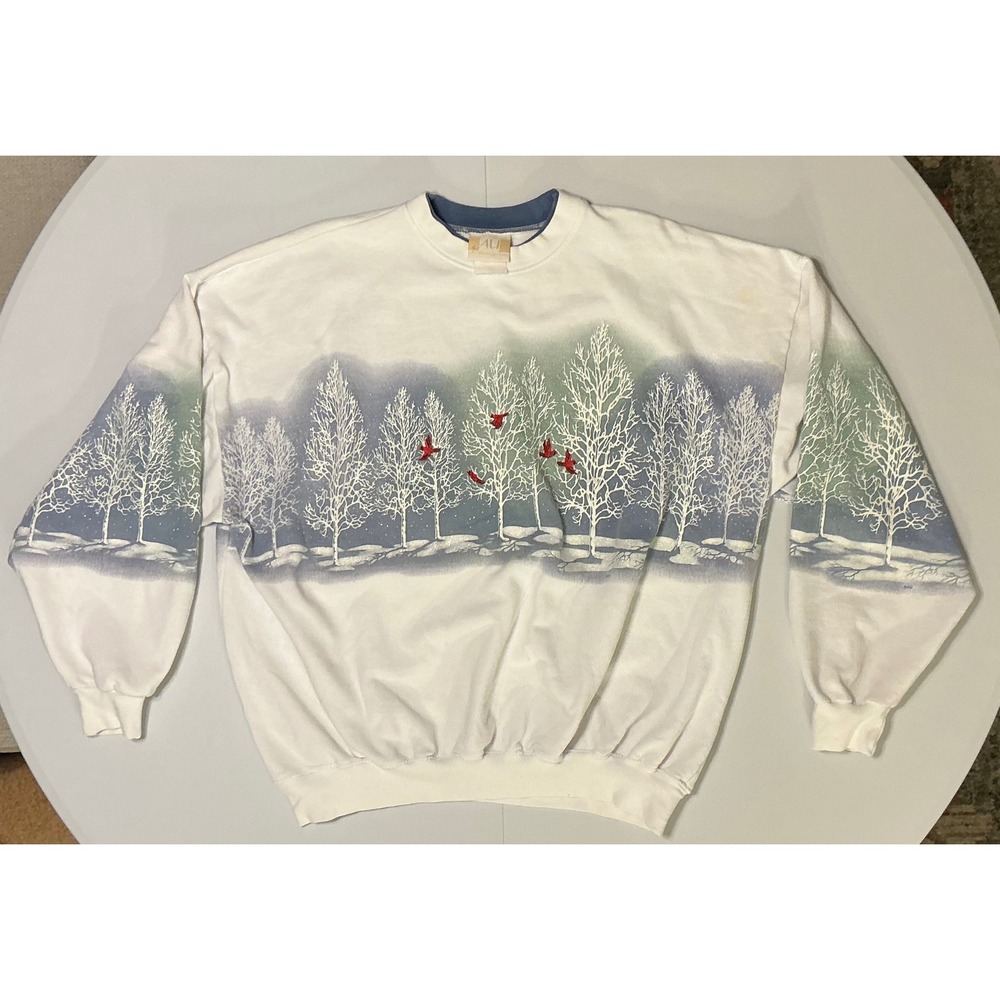 VTG Snowy Forest Nature Sweatshirt Wrap Around Crewneck Glitter‎ Shiny Tree 2XL